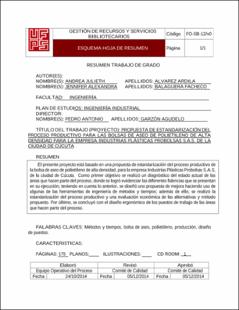 Portada Propuesta de estandarización del proceso productivo para las bolsas de aseo de polietileno de alta densidad para la empresa industrias plásticas probolsas s.a.s. de la ciudad de Cúcuta.
