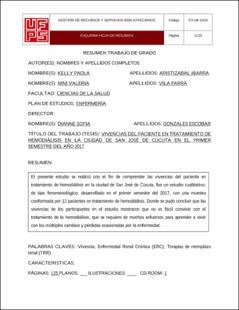 Portada Vivencias del paciente en tratamiento de hemodiálisis en la ciudad de san José de Cúcuta en el primer semestre del año 2017 (Archivo Electrónico)
