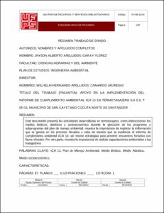 Portada Apoyo en la implementación del informe de cumplimiento ambiental Ica 13 en termotasajero s.a e.s. p en el municipio de San Cayetano Cúcuta, Norte de Santander