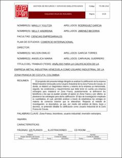 Portada Análisis para la calificación de la empresa metal industria Venezuela como usuario industrial de la zona franca de Cúcuta, Colombia