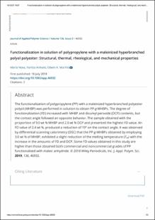 Portada Functionalization in solution of polypropylene with a maleinized hyperbranched polyol polyester: Structural, thermal, rheological, and mechanical properties