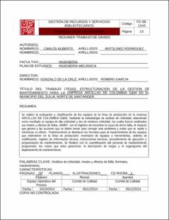 Portada Estructuración de la gestión de mantenimiento para la empresa arcillas de colombia e&m en el municipio del Zulia, norte de santander (Archivo Electrónico)