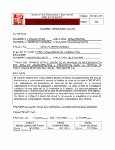Portada Diseño de un manual de procedimientos del area de administracion y  producción para la empresa de fosfatos del Norte de Santander  fosfonorte s.a.