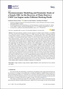 Portada Thermoeconomic modelling and parametric study of a simple ORC for the recovery of waste heat in a 2 MW gas engine under different working fluids