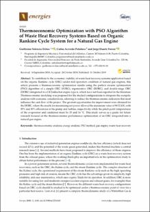 Portada Thermoeconomic optimization with PSO algorithm of waste heat recovery systems based on organic Rankine cycle system for a natural gas engine