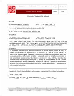 Portada Relación entre calidad del aire y la incidencia de enfermedades respiratorias en las comunas 4,6,7 y 8 del municipio de Cúcuta, Norte de Santander.