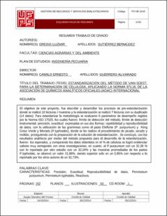 Portada Estandarización del método de Van Soest, para la determinación de celulosa, aplicando la norma 973.18, de la Asociación de Químicos Analíticos Oficiales (AOAC) Internacional.