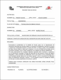 Portada Inventario de señales viales existentes en la comuna 1 parte B planeación del municipio de San José de Cúcuta