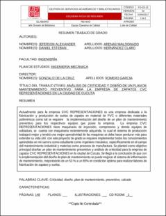 Portada Análisis de criticidad y diseño de un plan de mantenimiento preventivo para la empresa de zapatos cvc representaciones en la ciudad de Cúcuta