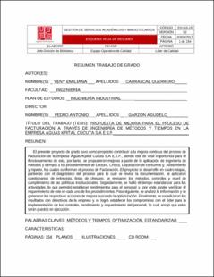 Portada Propuesta de mejora para el proceso de facturación a través de ingeniería de métodos y tiempos en la empresa aguas Kpital Cúcuta s.a e.s.p.
