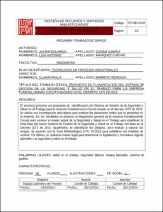 Portada Propuesta de planificación del sistema de gestión de la seguridad y salud en el trabajo para la empresa fundialuminio Cúcuta basado en el decreto 1072 de 2015 (Archivo Elecrónico)