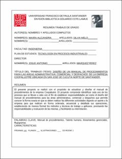 Portada Diseño de un manual de procedimientos para las áreas administrativa, comercial y despachos de la empresa Coopalustre, ubicada en san José de Cúcuta, norte de Santander (Archivo Electrónico)