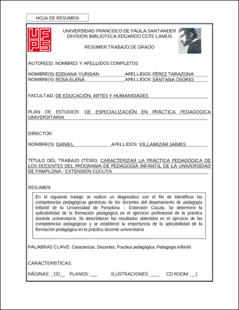 Portada Caracterizar la práctica pedagógica de los docentes del programa de pedagogía infantil de la Universidad de Pamplona - extensión Cúcuta. (Archivo Electrónico)
