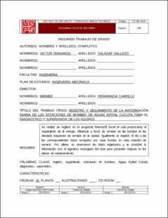 Portada Registro y seguimiento de la información diaria de las estaciones de bombeo de aguas kpital Cúcuta para el diagnóstico y supervisión de los equipos (Archivo Electrónico)