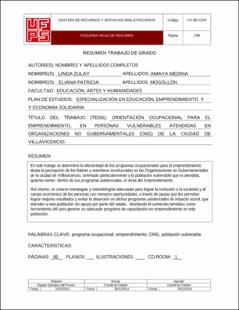 Portada Orientación ocupacional para el emprendimiento, en personas vulnerables atendidas en organizaciones no gubernamentales (ong) de la ciudad de Villavicencio (Archivo Electrónico)