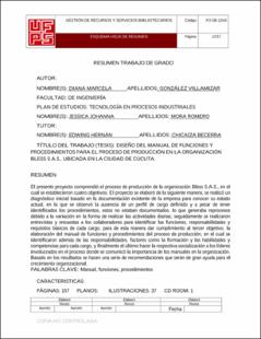 Portada Diseño del manual de funciones y procedimientos para el proceso de producción en la organización bless s.a.s., ubicada en la ciudad de Cúcuta (Archivo Electrónico)