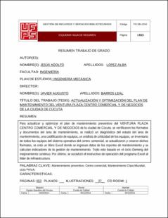 Portada Actualización y optimización del plan de mantenimiento del ventura plaza centro comercial y de negocios de la ciudad de Cúcuta (Archivo Electrónico)