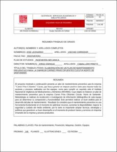 Portada Elaboración de un plan de mantenimiento preventivo para la empresa carnes frías cifuentes Cúcuta Norte de Santander (Archivo Electrónico)