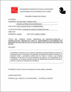 Portada Propuesta de reestructuración y normalización urbanística para el asentamiento scalabrinni del municipio de San José de Cúcuta en el marco del decreto nacional 564 de 2006 (Archivo Electrónico)