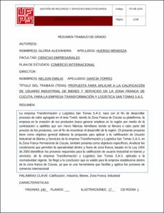Portada Propuesta para aplicar a la calificación de usuario industrial de  bienes y servicios en la zona franca de Cúcuta, para la empresa transformación y logística san tomas s.a.s.