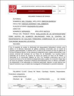 Portada Evaluación del fenbendazol como aditivo en alimento balanceado para el control de endoparásitos en gallinas ponedoras comerciales de la avícola Torcoroma, municipio Los Patios.