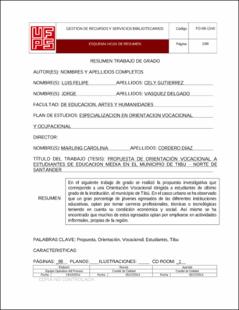 Portada Propuesta de orientación vocacional a estudiantes de educación media en el municipio de Tibú – Norte de Santander (Archivo Electrónico)