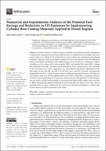 Portada Numerical and Experimental Analysis of the Potential Fuel Savings and Reduction in CO Emissions by Implementing Cylinder Bore Coating Materials Applied to Diesel Engines