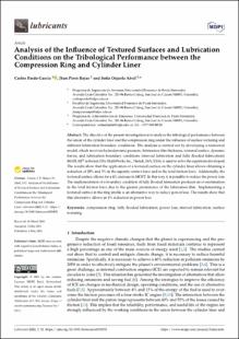 Portada Analysis of the influence of textured surfaces and lubrication conditions on the tribological performance between the compression ring and cylinder liner