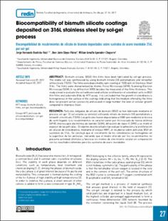 Portada Biocompatibility of bismuth silicate coatings deposited on 316L stainless steel by sol-gel process