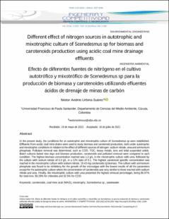 Portada Different effect of nitrogen sources in autotrophic and mixotrophic culture of Scenedesmus spfor biomass and carotenoids production using acidic coal mine drainage effluents
