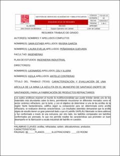 Portada Caracterización y evaluación de una arcilla de la mina la azulita en el municipio de Santiago (Norte de Santander), para la fabricación de productos refractarios