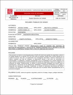 Portada Propuesta para el diseño del sistema de gestión de seguridad y salud en el trabajo basado en el decreto 1072 de 2015 para la empresa tienda Pintu Cúcuta ubicada en Cúcuta.