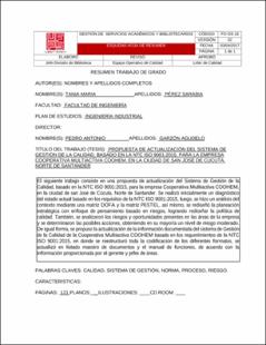 Portada Propuesta de actualización del sistema de gestión de la calidad, basado en la NTC ISO 9001:2015, para la empresa Cooperativa Multiactiva COOHEM, en la ciudad de san José de Cúcuta, Norte de Santander