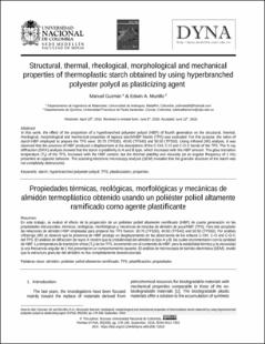 Portada Structural, thermal, rheological, morphological and mechanical properties of thermoplastic starch obtained by using hyperbranched polyester polyol as plasticizing agent