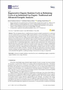 Portada Regenerative organic rankine cycle as bottoming cycle of an industrial gas engine traditional and advanced exergetic analysis