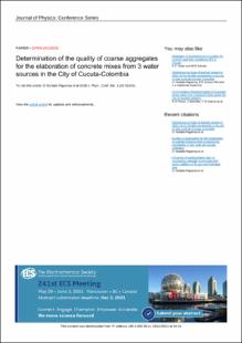 Portada Determination of the quality of coarse aggregates for the elaboration of concrete mixes from 3 water sources in the City of Cucuta-Colombia