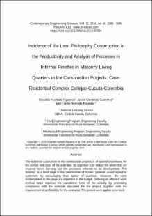 Portada Incidence of the lean philosophy construction in the productivity and analysis of processes in internal finishes in masonry living quarters in the construction projects: case-residential complex Callejas-Cucuta-Colombia