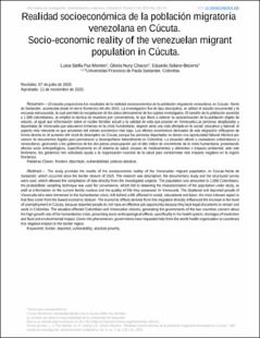 Portada Realidad socioeconómica de la población migratoria venezolana en Cúcuta.