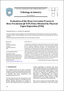 Portada Evaluation of the wear-corrosion process in beta-tricalcium(β-TCP) films obtained by physical vapor deposition (PVD)