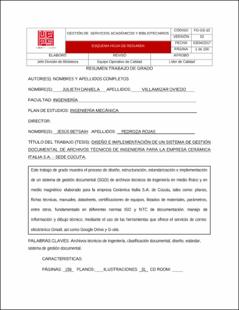 Portada Diseño e implementación de un sistema de gestión documental de archivos técnicos de ingeniería para la empresa cerámica Italia s.a. – sede Cúcuta