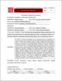 Portada Estudio de viabilidad para la importación directa de dispositivos e insumos médicos para la empresa social del estado Hospital Universitario Erasmo Meoz, de la ciudad de Cúcuta.