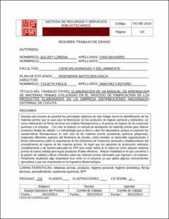 Portada Elaboración de un manual de aprobación de materias primas Utilizadas en el proceso de fabricación de los productos Elaborados en la empresa distribuciones nacionales distrital de Cúcuta