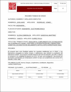 Portada Analizar el cumplimiento de los requisitos de la norma ntc iso/iec 17025 para la acreditación del laboratorio lemat en los ensayos de aislamiento ante el ente acreditador onac.