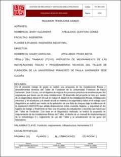 Portada Propuesta de mejoramiento de las instalaciones físicas y procedimientos técnicos del taller de fundición de la Universidad Francisco de Paula Santander sede Cúcuta.