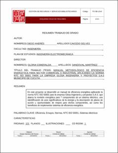 Portada Manual metodológico de eficiencia energética para sector comercial e industrial aplicando la norma ntc iso 50001 para la empresa glosa ingeniería y proyectos s.a.s municipio de Cúcuta