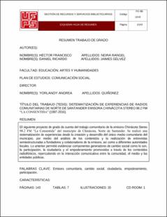 Portada Sistematización de experiencias de radios comunitarias de Norte de Santander  emisora Chinácota stereo 98.2 fm “la consentida” (1997-2016) (Archivo Electrónico)