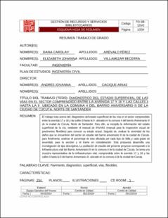 Portada Diagnostico del estado superficial de las vías en el sector comprendido entre la avenida 17 y 18 y las calles 3 hasta la 9 ubicado en la comuna 4 del barrio Aniversario II de la ciudad de Cúcuta, Norte de Santander