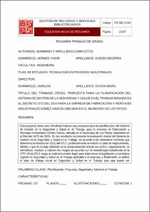 Portada Propuesta para la panificación del sistema de gestión de la seguridad y salud en el trabajo basado en el decreto 1072 del 2015 para la empresa de fabricación y montajes industriales Gómez García ubicada en el municipio de Los Patios