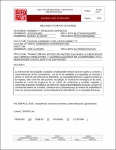 Portada Estudio de factibilidad para la creación de una empresa productora y comercializadora de champiñones en el municipio de Cúcuta, Norte de Santander