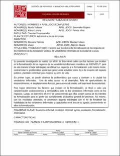 Portada Factores que inciden en la formalización de los negocios de los miembros de la asociación sindical de vendedores informales de la ciudad de Cúcuta. (Asovicut)